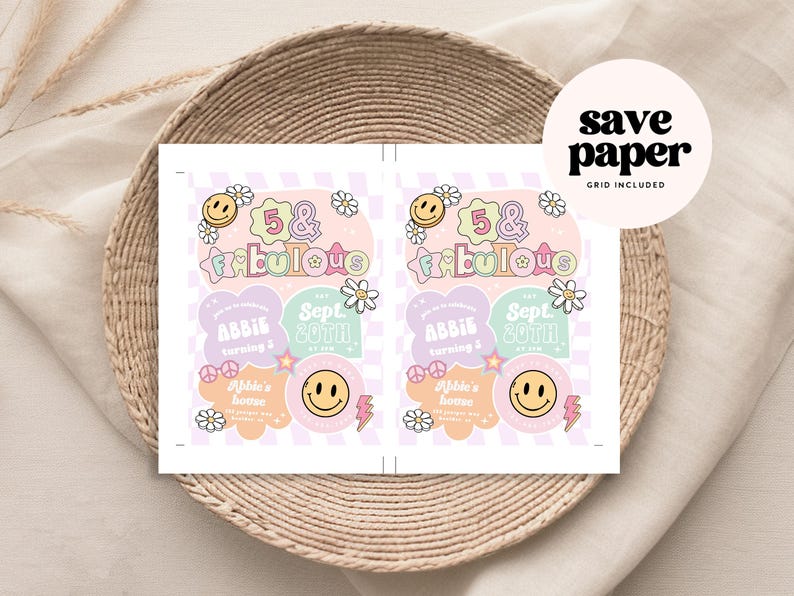 May include: Printable 5 & Fabulous birthday party invitation with a retro 70s theme. The invitation features a pink, green, and yellow color scheme with a smiley face, flowers, and stars. The text on the invitation reads "5 & Fabulous" and "Sept 20th".
