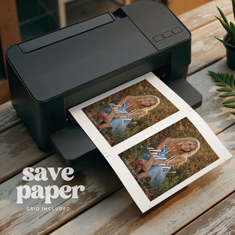 May include: A black printer printing two graduation announcements. The announcements feature a photo of a smiling person in a blue dress, with the text "Chloe Johnson Class of XXXX". The words "save paper" and "grid included" are also visible.