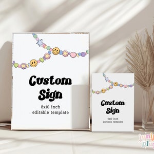 May include: Two printable custom sign templates with a colorful garland of smiley faces, hearts, and stars. The larger sign is 8x10 inches and the smaller sign is 5x10 inches.