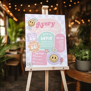 May include: A pink and green printable poster with a rainbow arch and a smiley face. The poster says "Avery My Second Year" and includes information about Avery's height, weight, favorite things, and personality.