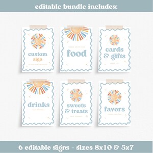 May include: A set of six editable signs with a light blue wavy border and a watercolor sun design. The signs include text for custom signs, food, cards & gifts, drinks, sweets & treats, and favors. Sizes are 8x10 inches and 5x7 inches.