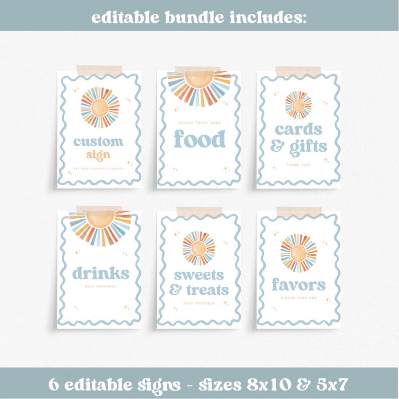 May include: A set of six editable signs with a light blue wavy border and a watercolor sun design. The signs include text for custom signs, food, cards & gifts, drinks, sweets & treats, and favors. Sizes are 8x10 inches and 5x7 inches.