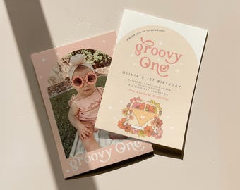 Groovy One Birthday, First Birthday Invitation, Retro Birthday Invite, Girl 1st Birthday, Instant Download Editable EVite