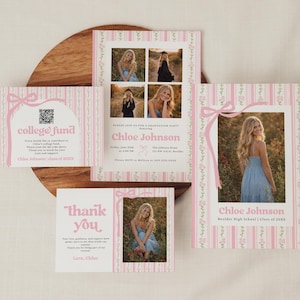 Könnte beinhalten: Eine Sammlung von rosa-weißen Abschlussankündigungen und Dankeskarten. Die Karten zeigen Fotos, florale Akzente und den Namen "Chloe Johnson". Eine Karte enthält einen QR-Code und die Worte "college fund".