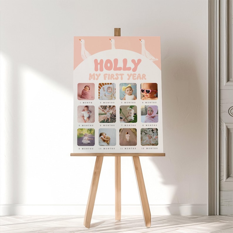 K&ouml;nnte beinhalten: Ein rosa-wei&szlig;es Baby-Meilenstein-Poster mit dem Namen "HOLLY" und dem Text "MY FIRST YEAR". Das Poster hat 12 Fotopl&auml;tze f&uuml;r jeden Monat des ersten Lebensjahres des Babys.