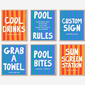 May include: Six rectangular wall signs with white text on striped backgrounds. The signs feature phrases including COOL DRINKS, POOL RULES, CUSTOM SIGN, GRAB A TOWEL, POOL BITES, and SUN SCREEN STATION. The backgrounds use orange, red, blue, and green colors.