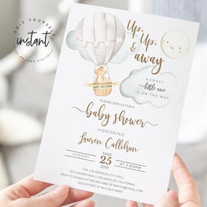 Editable Baby Shower invitation, Gender Neutral Baby Shower Invitation, Bear Baby Shower Hot Air Balloon, Up Up and Away, template 28 image 2