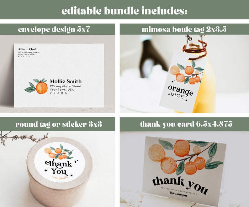 May include: Editable printable bundle for a party or event with an orange theme. Includes an envelope design, a mimosa bottle tag, a round sticker or tag, and a thank you card. The designs feature a watercolor illustration of orange branches with leaves and fruit.