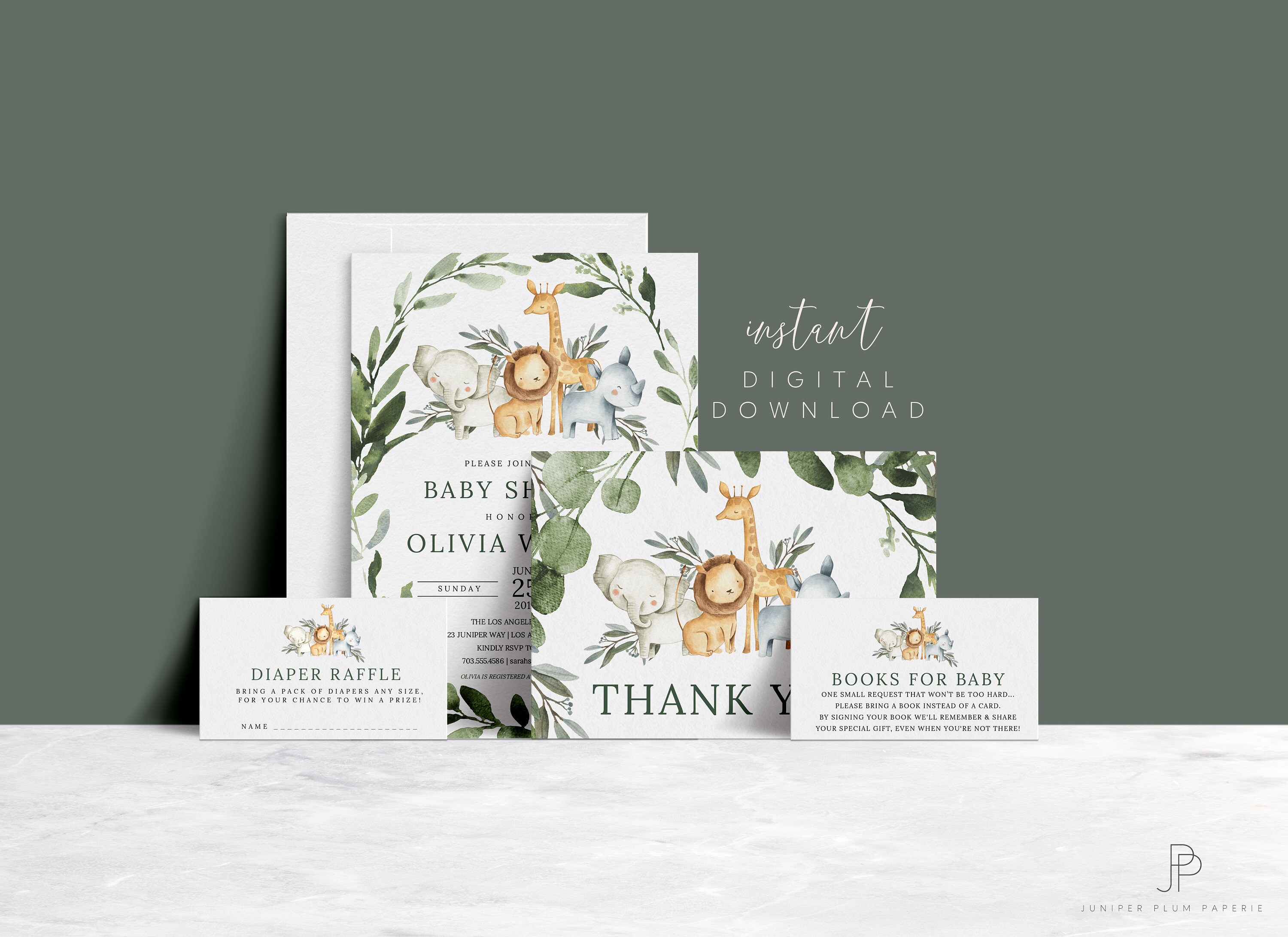 Jungle Baby Shower Invitation Set, EDITABLE, Gender Neutral Safari Ba…