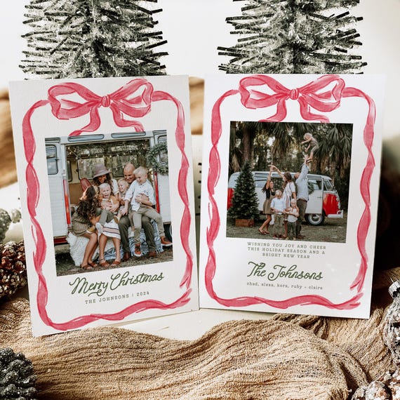 Vintage Bow Christmas Card Template, Photo Christmas Card, Ribbon Holiday Card, Minimalist Christmas Card, Merry Christmas Editable Template