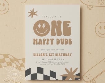 男の子の1歳の誕生日の招待状 幸せな男の子の誕生日の招待状 笑顔のレトロな誕生日の編集可能なデジタルテンプレート 即時ダウンロード 58
