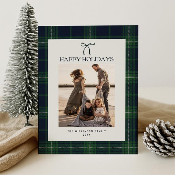Navy Green Plaid Christmas Card Template | Tartan Holiday Photo Card | Classic Preppy Christmas Canva Template | Editable Printable Card