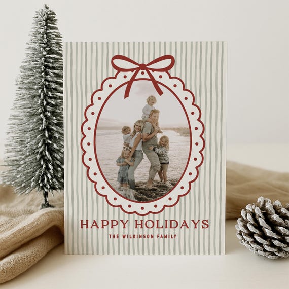 Scalloped Frame Holiday Photo Card Template | Christmas Bow Stripe Family Photo Card | Editable Canva Happy Holidays Template | Instant