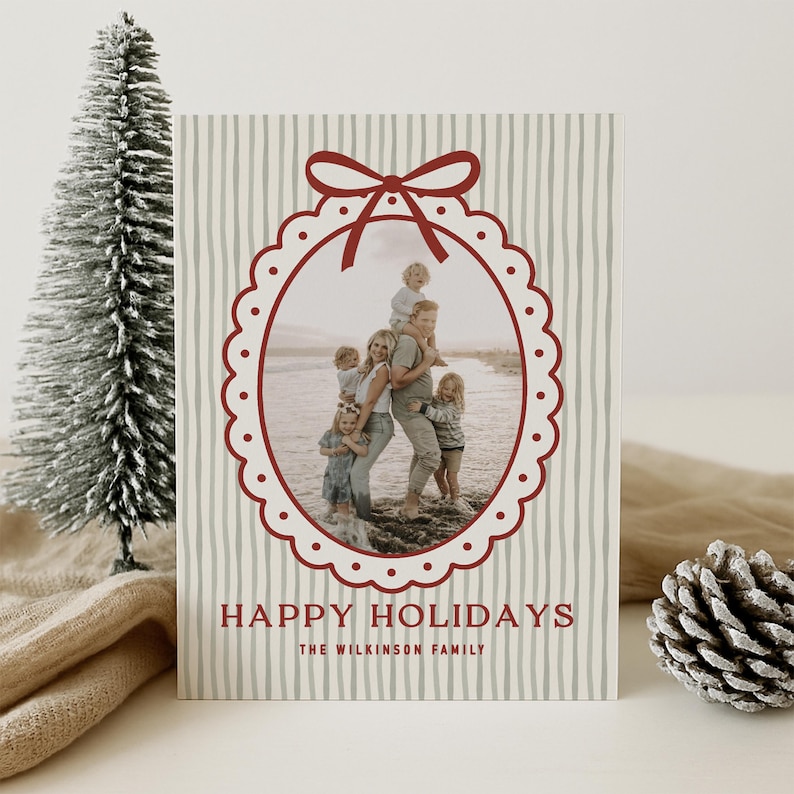 Scalloped Frame Holiday Photo Card Template | Christmas Bow Stripe Family Photo Card | Editable Canva Happy Holidays Template | Instant image 1