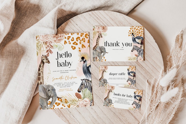 Boho Safari Baby Shower Invitation Set Editable Jungle Animal Etsy
