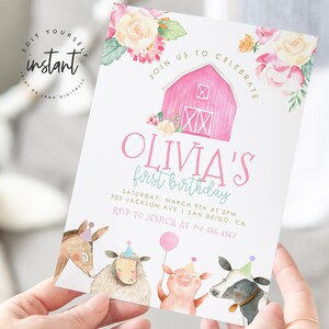 Editable Farm Birthday Invitation Girl Farm Animals Pink Floral Barnyard Party Download Printable Invitation Template Digital 55 image 2