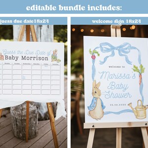 May include: Two printable signs for a baby shower. The first sign is a calendar with the text "Guess the Due Date of Baby Morrison". The second sign is a welcome sign with the text "Welcome to Marissa's Baby Shower 04.09.20XX". Both signs feature a blue and white color scheme with a Peter Rabbit illustration.