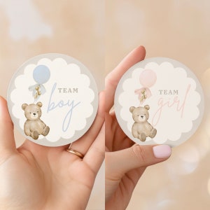 Teddybär-Gender-Aufkleber bearbeitbare Vorlage, Vintage-Spielzeug-Gender Reveal-Vorlage, Er oder Sie, Junge oder Mädchen, Canva-Vorlage