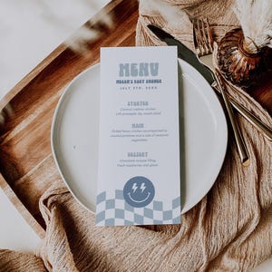 Checkered Boy Blue Babyparty Menü Vorlage, bearbeitbares Baby Shower Food Menü, Oh Boy Baby Shower Menü druckbar, DIY Menü
