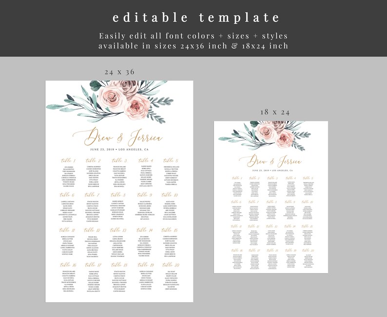 Boho Rose Wedding Seating Sign Editable Seating Chart Editable Sign Seating Sign SC-50 Boho Wedding Seating Chart Sign Printable