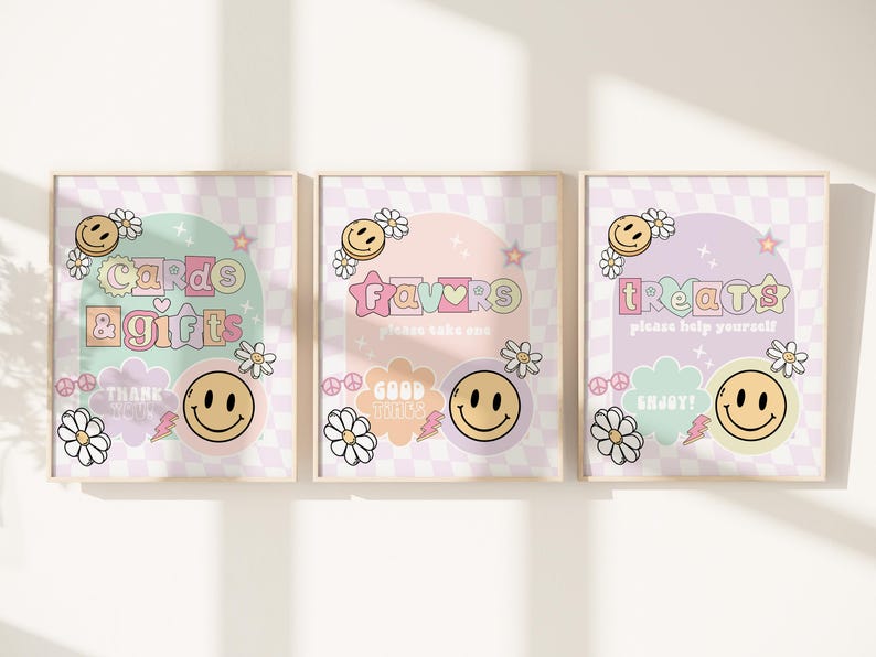 May include: Three pastel purple and white checkered signs with smiley faces and text that reads "Cards & Gifts", "Favors please take one", and "Treats please help yourself".