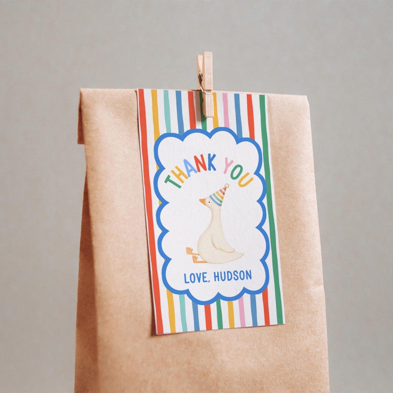 May include: A brown paper gift bag with a colorful striped tag. The tag features a cartoon goose wearing a party hat, the words "THANK YOU" in rainbow colors, and the name "HUDSON". A wooden clothespin holds the tag.