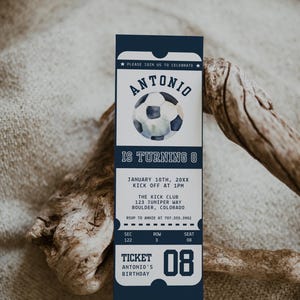 May include: A blue and white soccer-themed birthday party invitation with a watercolor soccer ball and the text "Antonio is turning 8". The invitation includes the date, time, location, and RSVP information.