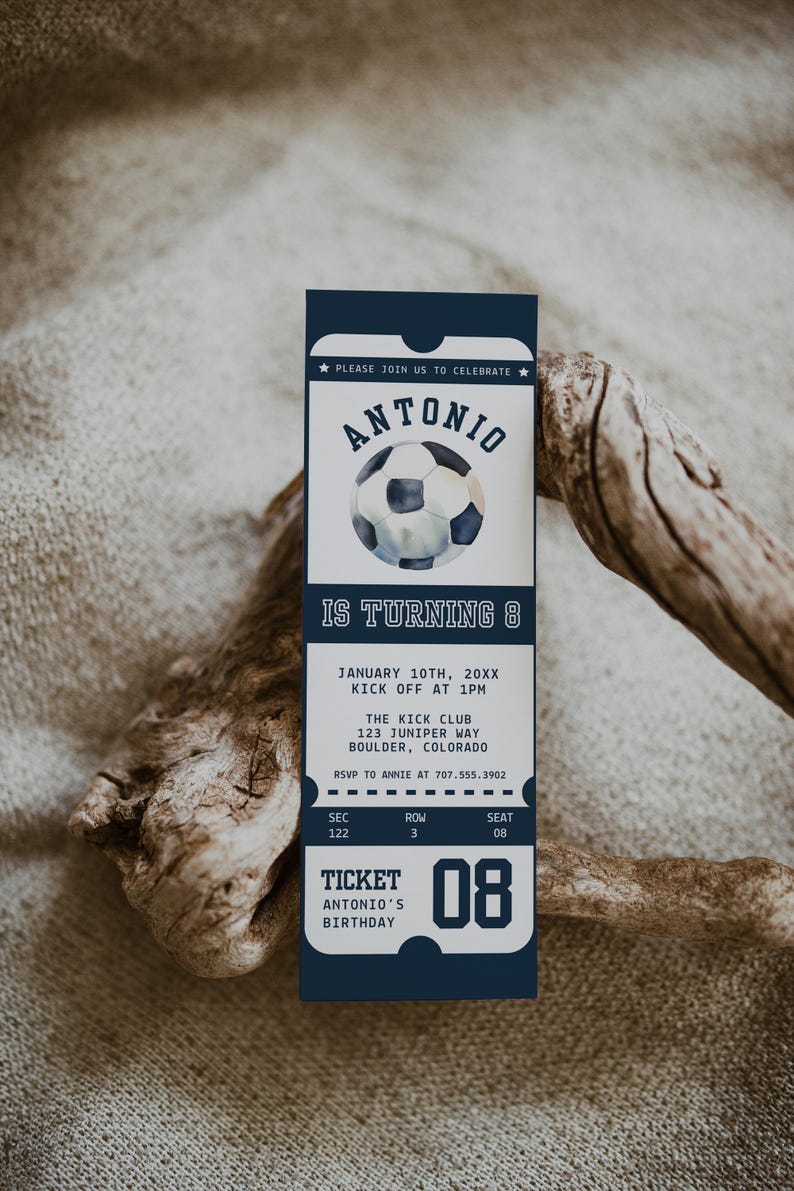 May include: A blue and white soccer-themed birthday party invitation with a watercolor soccer ball and the text "Antonio is turning 8". The invitation includes the date, time, location, and RSVP information.