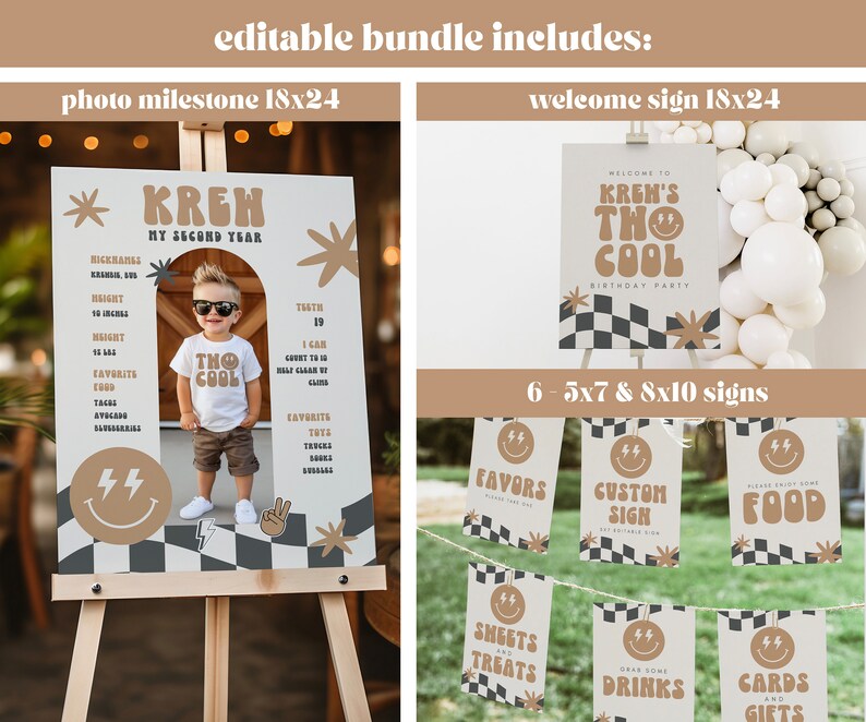 Two Cool Boy Birthday Invitation Boy 2nd Birthday Smile Face Retro Birthday Editable Digital Template INSTANT DOWNLOAD 58 image 4