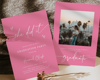 Pink Minimalist Graduation Announcement Template Senior Graduation Invitation, Graduation Party Template Multiple Photo Graduation Canva 707