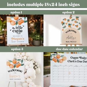 May include: Four 18x24 inch printable signs for a baby shower. The signs feature a watercolor orange and green design with the text "a little cutie", "welcome to Megan's baby shower", "welcome to Ashley's baby shower", and "Guess Baby Clark's Due Date".
