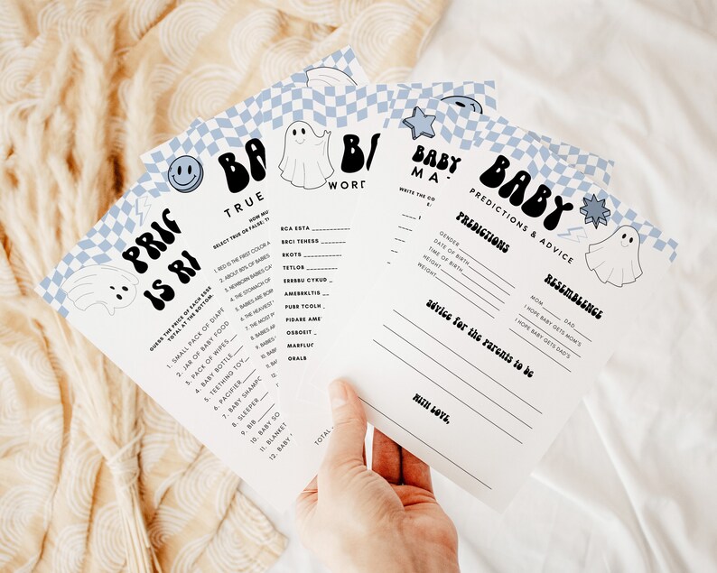 May include: A set of four baby shower game cards with a blue and white checkered background. The cards feature a ghost illustration and the text "Baby" in a retro font. The games include "Price is Right", "Baby Mama Word", "Predictions & Advice", and "Resemblance".