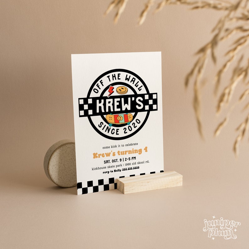 May include: A birthday party invitation with a black and white checkered background. The invitation features a logo with the text "Off the Wall Krew's Since 2020" and a skateboard graphic. The text "Krew's turning 4" is in a bold, orange font. The invitation includes the date, time, and location of the party.