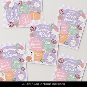 May include: A collection of Halloween-themed invitations with a retro design. Each invitation features a ghost character, flowers, and the text "Luna's" followed by a number and "Spooky". The invitations are in shades of purple, pink, and orange.