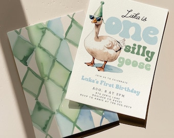 JONGEN One Silly Goose verjaardagsuitnodiging, jongen 1e verjaardagsuitnodiging, Blue Goose 1e verjaardagsuitnodiging, trendy eerste verjaardag Evite Canva Luka
