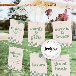 May include: A set of six rectangular event signs hanging on twine, featuring a light pink background with sage green checkerboard patterns and bold green text. The signs include labels for custom sign, cards and gifts, sweets and treats, mimosa bar, favors, and guest book. A circular logo reads Juniper Plum and includes 5x7 and 8x10 sign sizes.