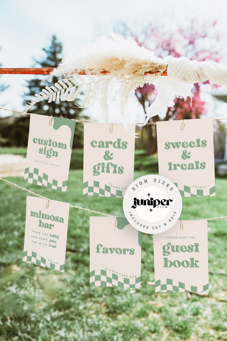 May include: A set of six rectangular event signs hanging on twine, featuring a light pink background with sage green checkerboard patterns and bold green text. The signs include labels for custom sign, cards and gifts, sweets and treats, mimosa bar, favors, and guest book. A circular logo reads Juniper Plum and includes 5x7 and 8x10 sign sizes.