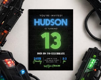 Neon Light Brick Wall Boy Birthday Invitation, Teenager Boy Birthday Invites, Instant Download Editable Canva Template