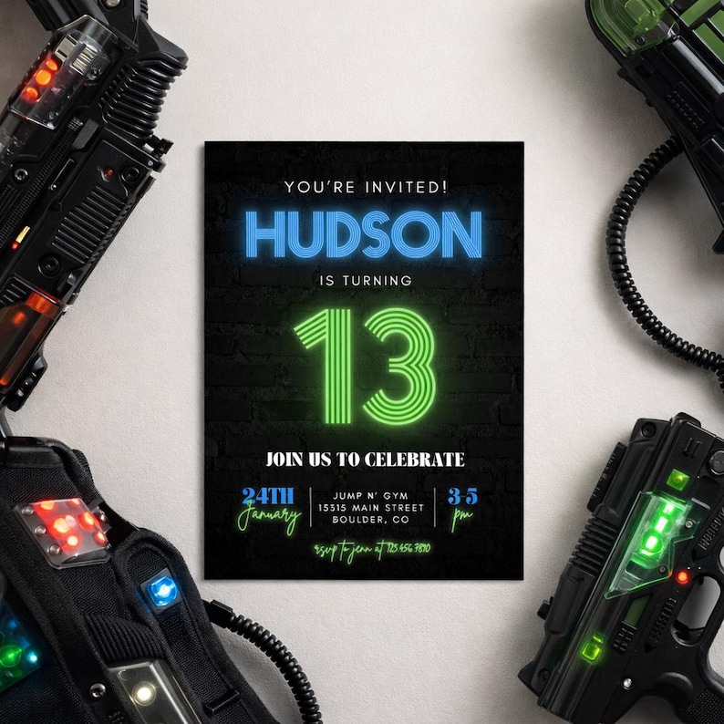 Neon Light Brick Wall Boy Birthday Invitation, Teenager Boy Birthday Invites, Instant Download Editable Canva Template image 1
