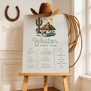 K&ouml;nnte beinhalten: Ein personalisiertes 'Mein erstes Jahr'-Schild auf einer Staffelei, mit Cowboyhut und Hufeisen. Das Schild hat eine W&uuml;stenlandschaftsillustration und den Namen 'Weston'. Das Schild enth&auml;lt Statistiken, Favoriten und andere Details.