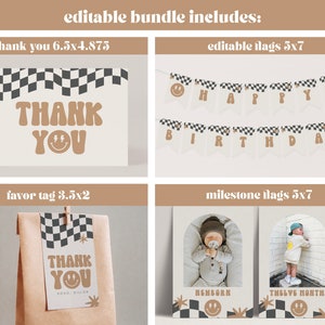 May include: Editable printable party decorations in a black and white chequered pattern with a smiley face graphic. Includes thank you cards, favour tags, and birthday banners. The text "Thank You" and "Happy Birthday" are included in the design.