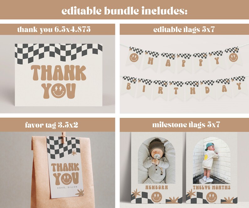 May include: Editable printable party decorations in a black and white chequered pattern with a smiley face graphic. Includes thank you cards, favour tags, and birthday banners. The text "Thank You" and "Happy Birthday" are included in the design.