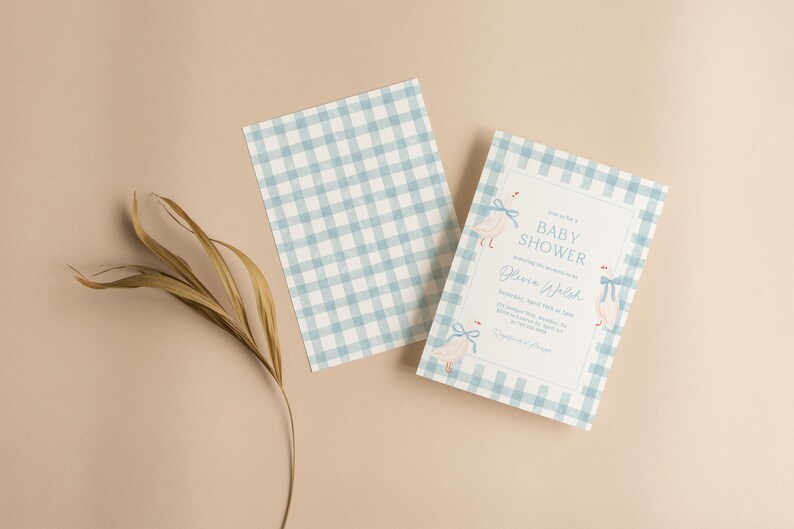 May include: A blue and white gingham baby shower invitation with a white border and pink and blue illustrations of swans with bows. The text on the invitation reads "Baby Shower" and "Jenna Walsh".