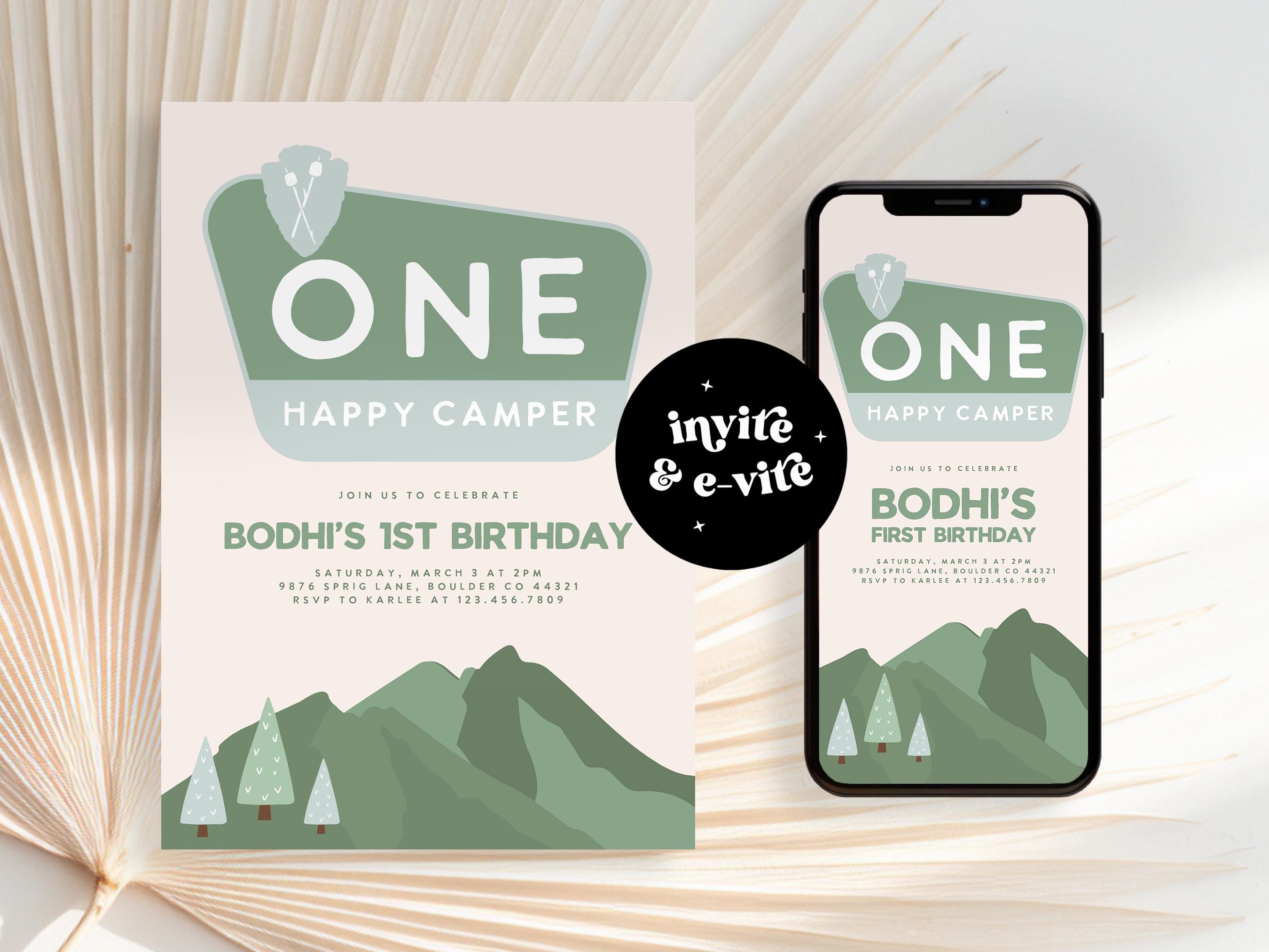 Happy Camper Birthday Invitation Template One Happy Camper First Birthday Camping Birthday Party Editable Digital Template Evite Template