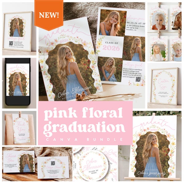 Pink Floral Graduation Bundle Template, Elegant Grad Party Suite, Photo Invitation, Welcome Sign, Poster & Inserts, Canva Editable G4