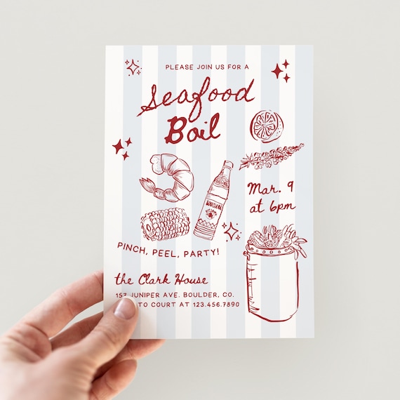 Hand-Drawn Seafood Boil Invitation, Bayou Blues, Louisiana (Canva Template)