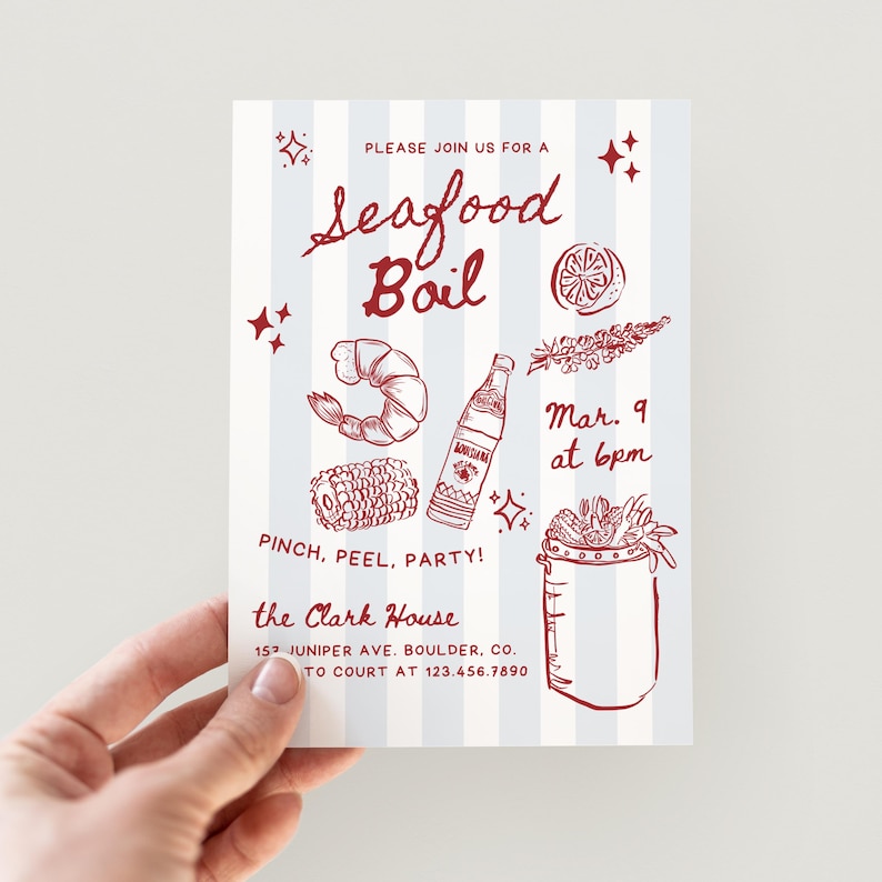 K&ouml;nnte beinhalten: Rote und wei&szlig;e Einladung f&uuml;r ein Seafood Boil-Event. Die Einladung enth&auml;lt Illustrationen von Garnelen, Mais, einer Flasche und einem Topf mit Meeresfr&uuml;chten. Der Text enth&auml;lt "Seafood Boil", "Pinch, Peel, Party!" und Eventdetails.