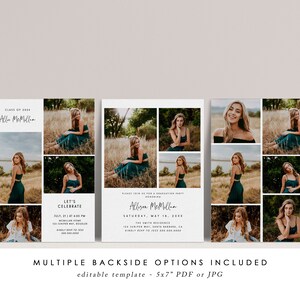 May include: Graduation announcement cards with multiple photo collages. The cards feature a young woman in a green dress, with text that reads "Class of 2024" and "Let's Celebrate." The cards are 5x7 inches and include multiple backside options.