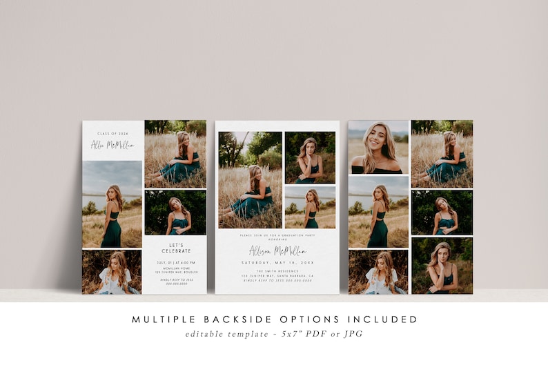 May include: Graduation announcement cards with multiple photo collages. The cards feature a young woman in a green dress, with text that reads "Class of 2024" and "Let's Celebrate." The cards are 5x7 inches and include multiple backside options.
