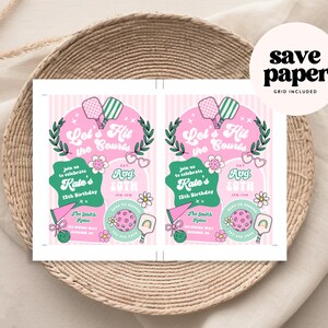 May include: Two pink and white invitations with the text "Let's Hit the Courts" and "Kate's 12th Birthday." The invitations feature pickleball paddles, flowers, and the date August 20th. The invitations are on a woven tray.